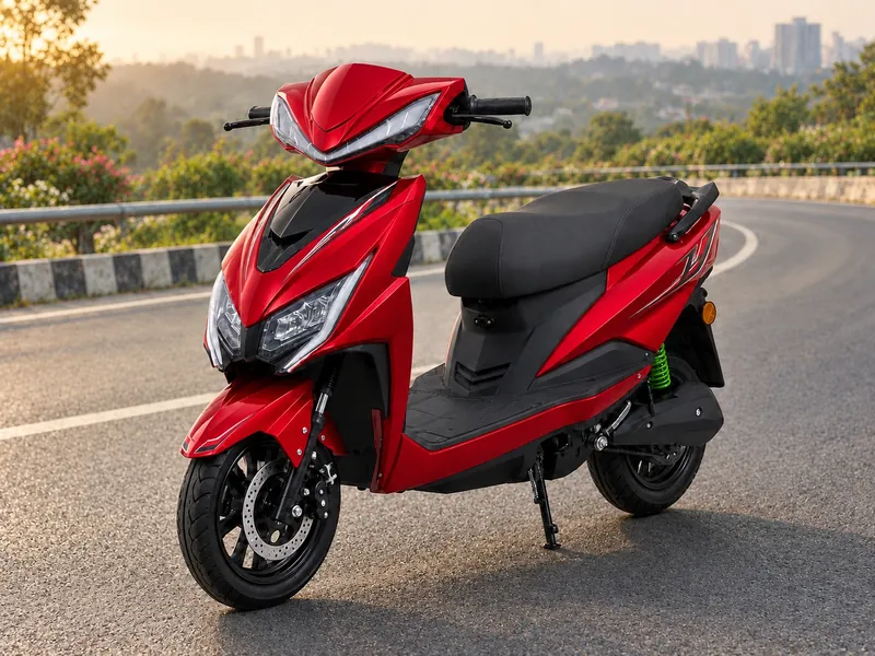 Double Light scooter in red with twin LED headlamps, parked on a hillside road above the city