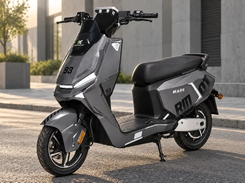 Prime scooter in grey with angular panels and MARS graphics, parked outside a concrete building
